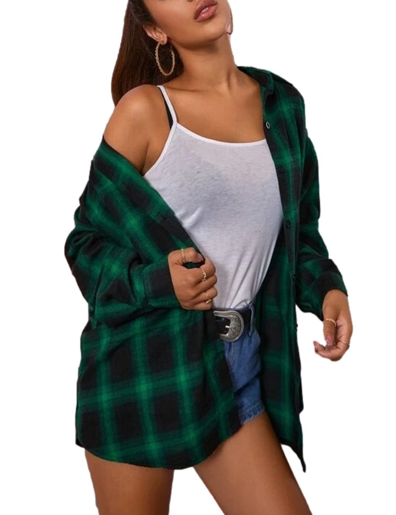 HangNiFang Oversized Dark Green Flannel Plaid Shirts for Women Long Sleeve Button Down Shirts Blouse(0368-DarkGreen-XL) - Image 1